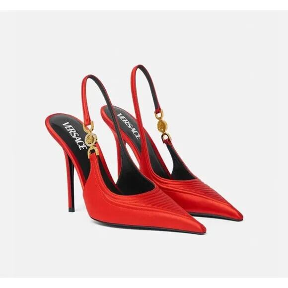 NIB VERSACE CORSET RED SATIN GOLD MEDUSA SANDALS HIGH HEEL PUMPS 40.5 10.5 ITALY - Picture 3 of 12